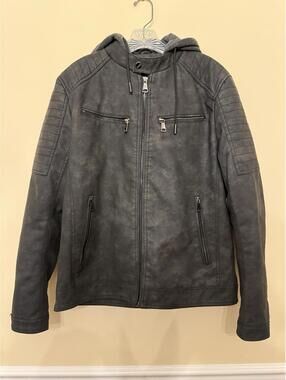 Men’s Hooded Faux Leather Motorcycle Jacket Grey L